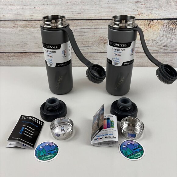 (2) EcoVessel The Boulder 20oz Bottles Insulated Stainless Steel & Strainer Gray - Picture 3 of 10